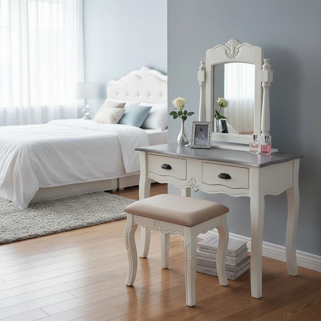 APRODZ Wooden Antique Dressing Table with Stool – Elegant Makeup Vanity with Storage for Living Room, Bedroom & Home Décor (White Finish)-image-5