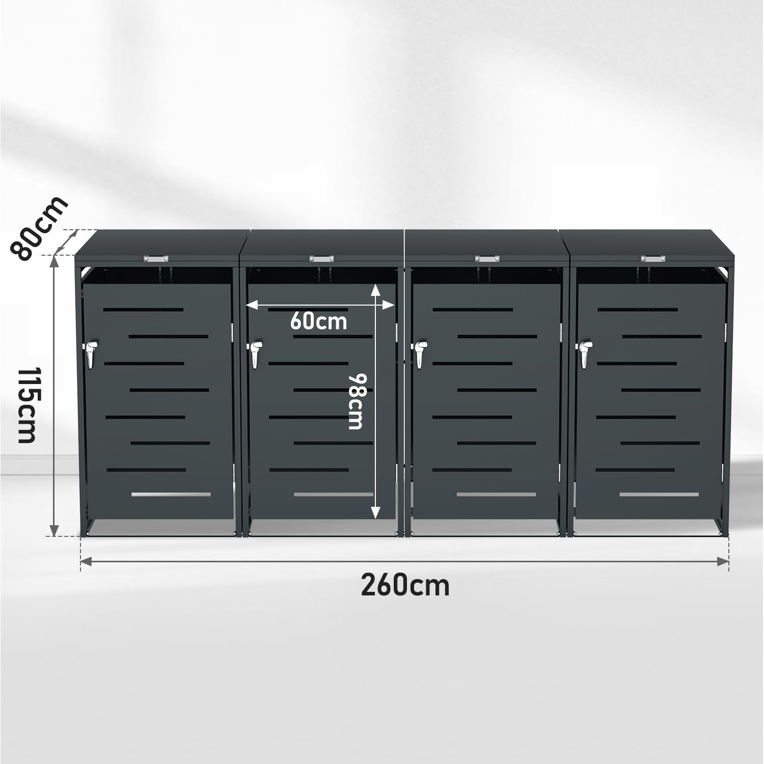 Mülltonnenbox 4er für 4 x 120L und 240L Tonnen, Mülltonnenverkleidung aus verzinktem Stahl, pulverbeschichtet, wetterfest, abschließbar mit Schloss und Gasdruckdämpfer, Anthrazit