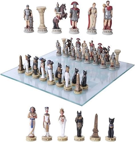 Miniatura 1 de Gifts & Decors Faraón Ejército Egipcio VS César Imperio Romano Centuriones Piezas de Ajedrez Resina con Juego de Tablero de Vidrio