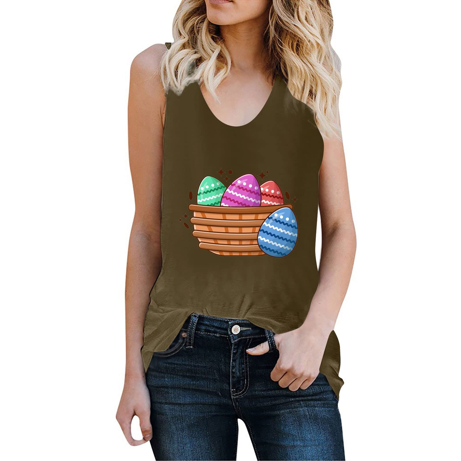 Womens Dressy Easter Printed Blouses Hide Belly Round Neck T Shirt Temperament Stretchy Sleeveless Tank Tops