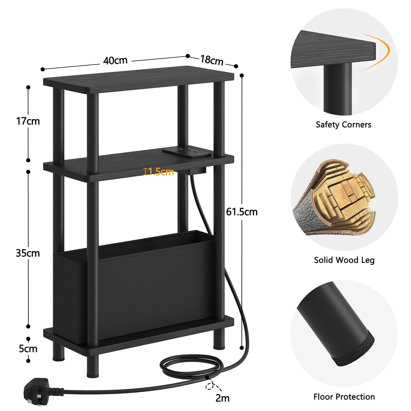 APICIZON Narrow Side Table, 3 Tier Bed Side Table, Slim End Table with Charging Station, for Living Room Bedroom - Image 3