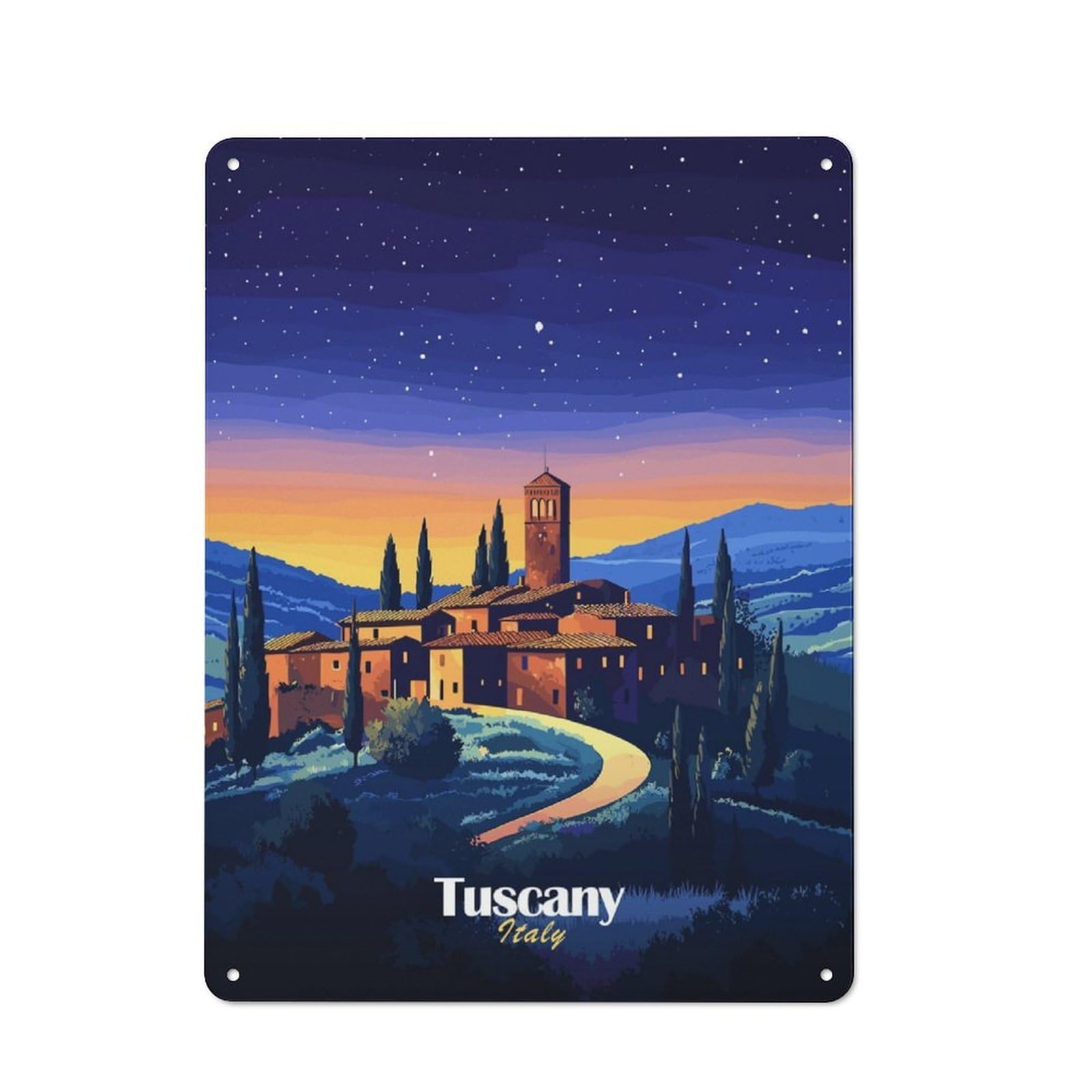 Junmoney Tuscan Village Night Retro-Style Metal Wall Sign 40X30cm For Pub Or Café, A New Home Present For Hospitality Wall Decor Collectors