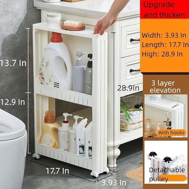3-Tier Elevated Slim Storage Cart,Narrow Rolling Cart Organizer Skinny Utility Storage Cart with Wheels for Bathroom Kitchen Laundry Room Small Spaces (17.7 ¡Á 3.9 ¡Á 28.9 Inch)-um9FFhsL