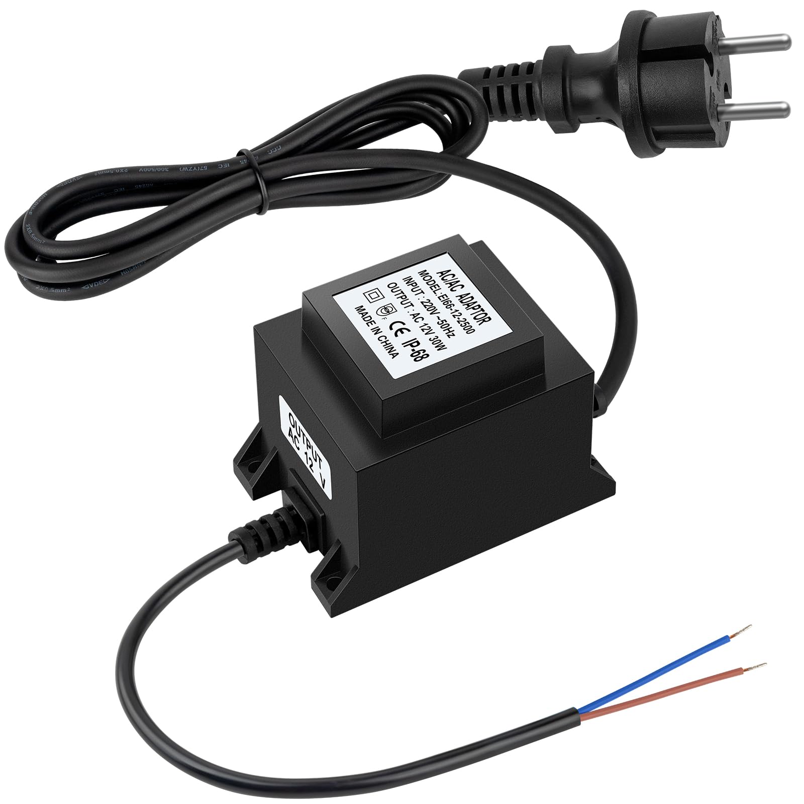 Karyoosi LED Transformer 12 V Power Supply AC/AC 30 W, Outdoor Plug Power Supply Transformer IP68 for LED Lighting and Pond Pumps