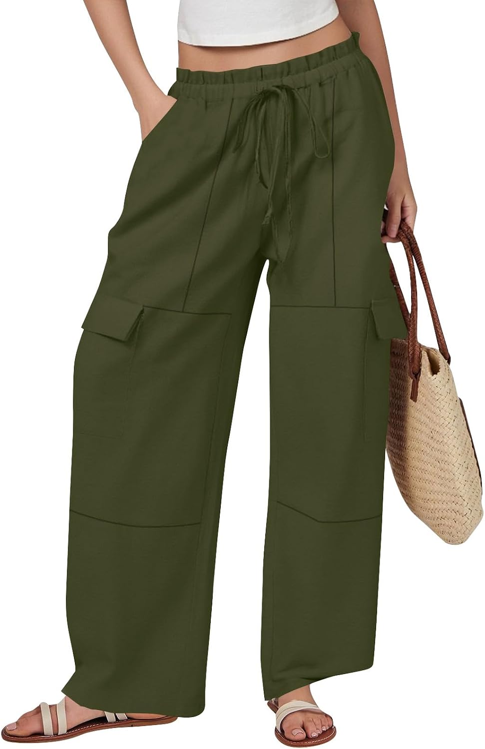 Womens Wide Leg Sweatpants Cotton Baggy High Waisted Drawstring Sweat Pants Fashion Comfy Joggers with Pockets