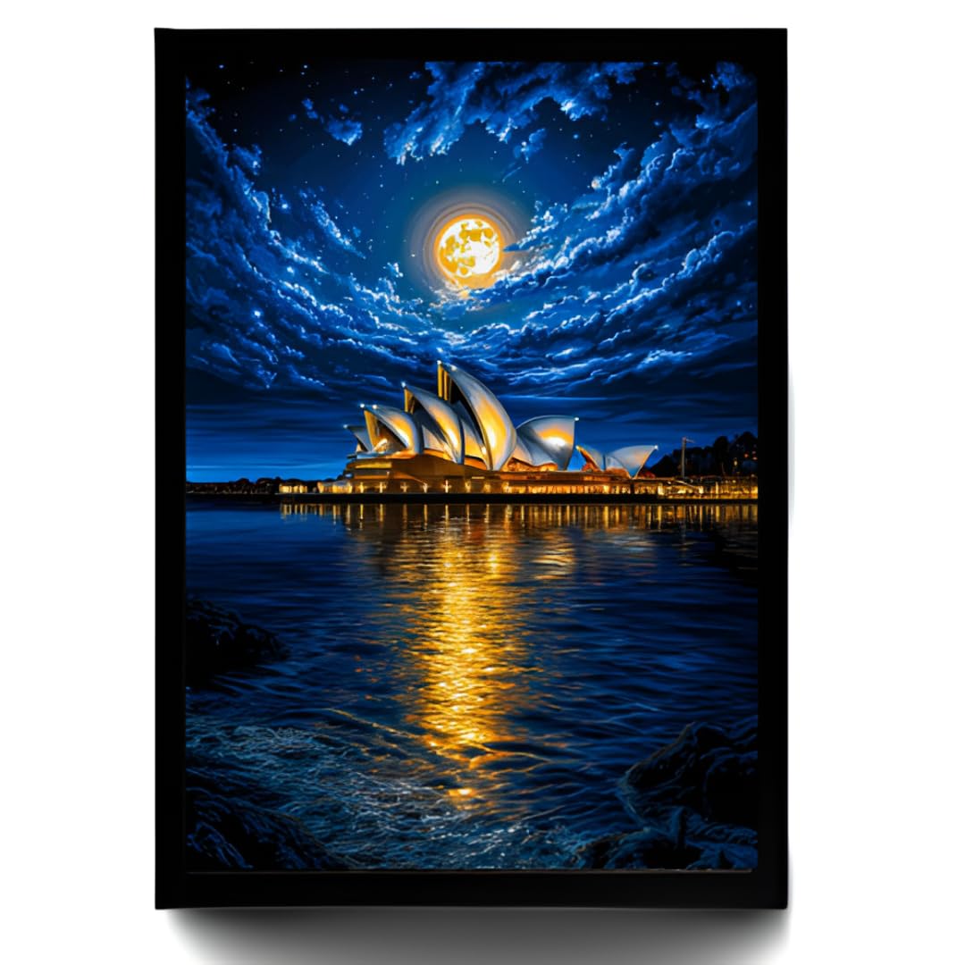지구 PARADISE Sydney Opera House Wall Frame, Night Sky Moon Reflection Art Print, Blue and Gold Illuminated Landmark Photography