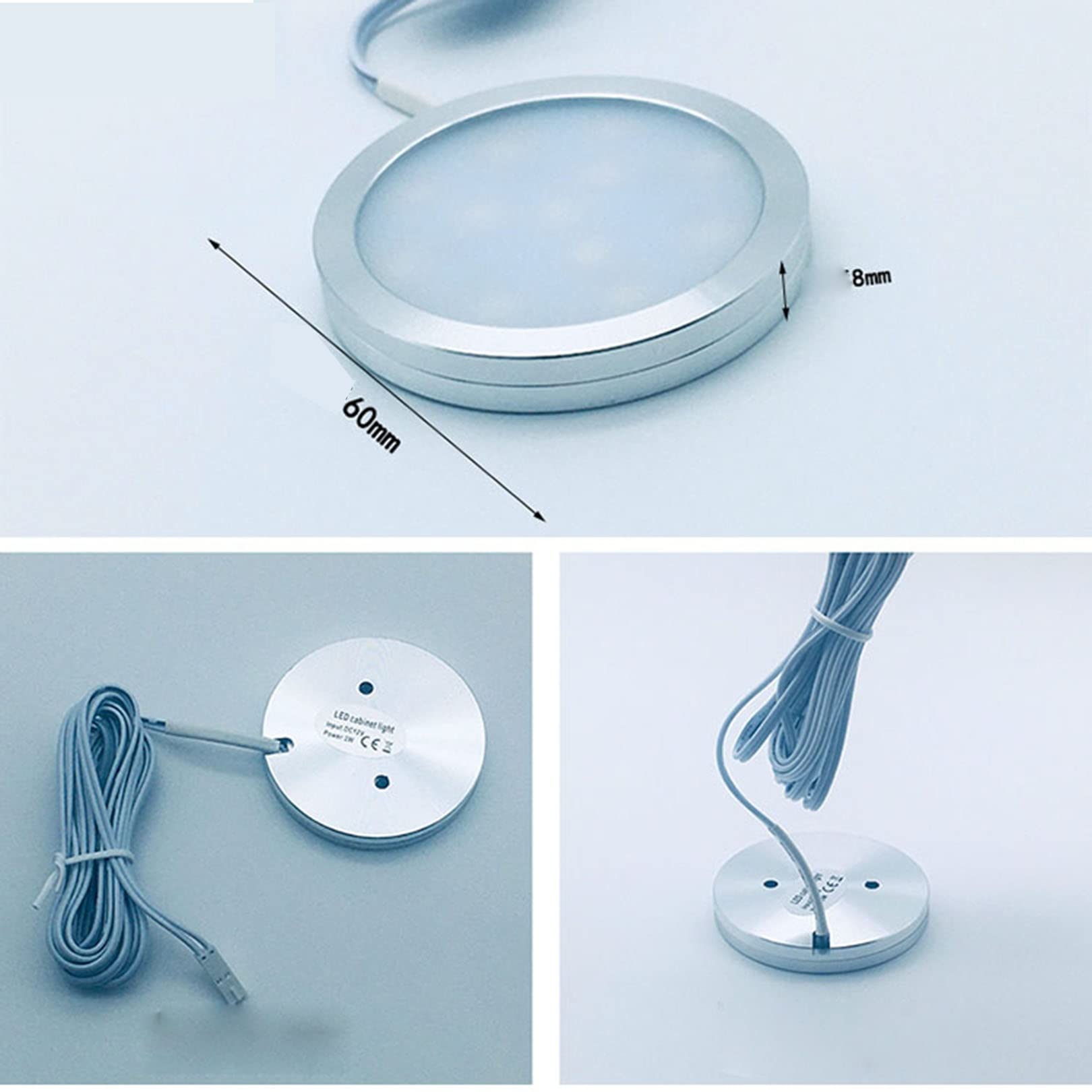 Kompaktowy okrągły zestaw lamp LED z transformatorem, mocowanie ścienne/samoprzylepne, do szafy, szafki kuchennej/półki, bardzo cienkie i energooszczędne (białe, 15 W (12 V))