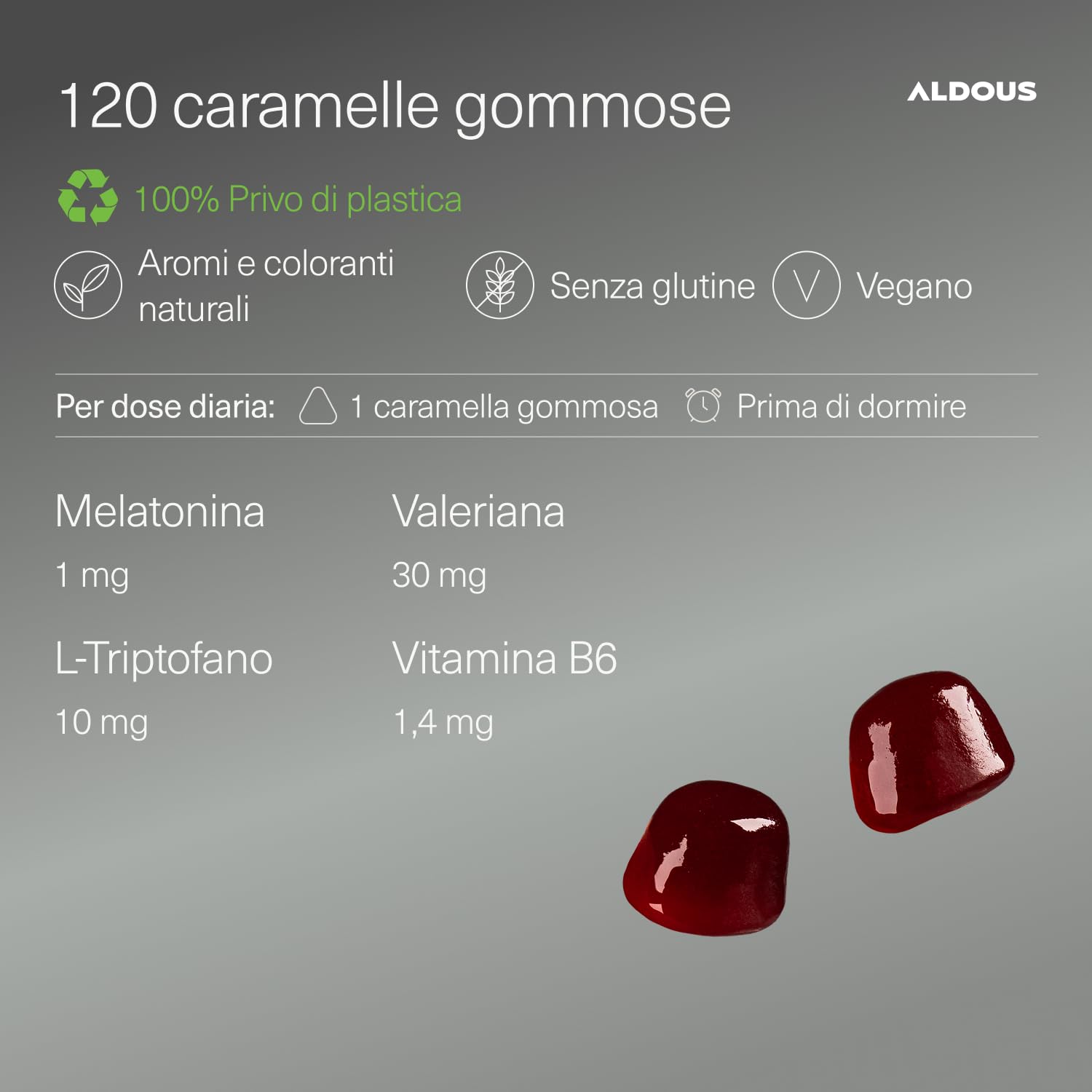Caramelle Melatonina - 120 Caramelle Gommose - Valeriana, Triptofano e Vitamina B6 - Caramelle per Dormire Meglio, Sonno Profondo - Integratore per dormire - Gusto miritti - Vegan - ALDOUS