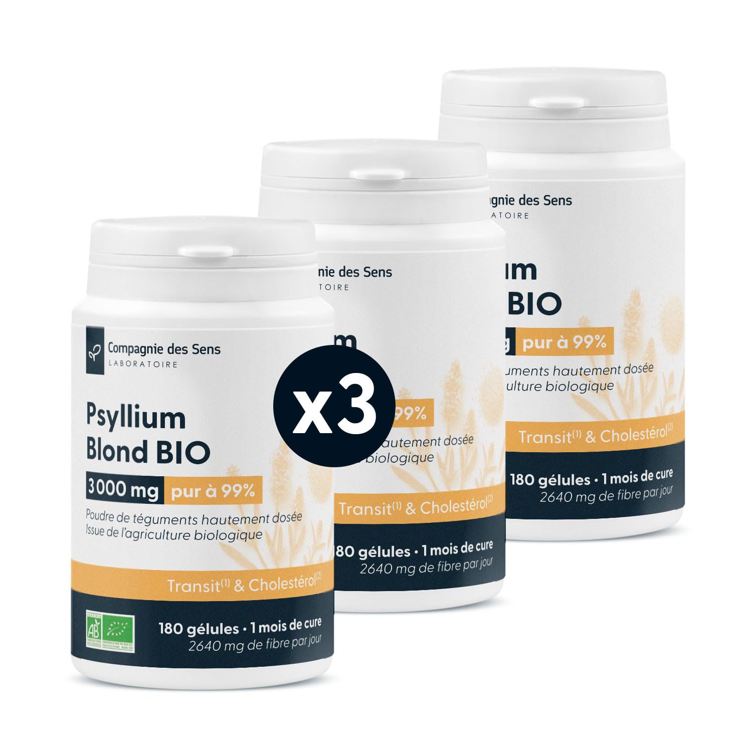 La Compagnie des Sens - Psyllium Blond Bio 3000 mg/jour - Téguments Purs 88% Fibres - 540 gélules végétales (3 mois) - Fabriqué en France