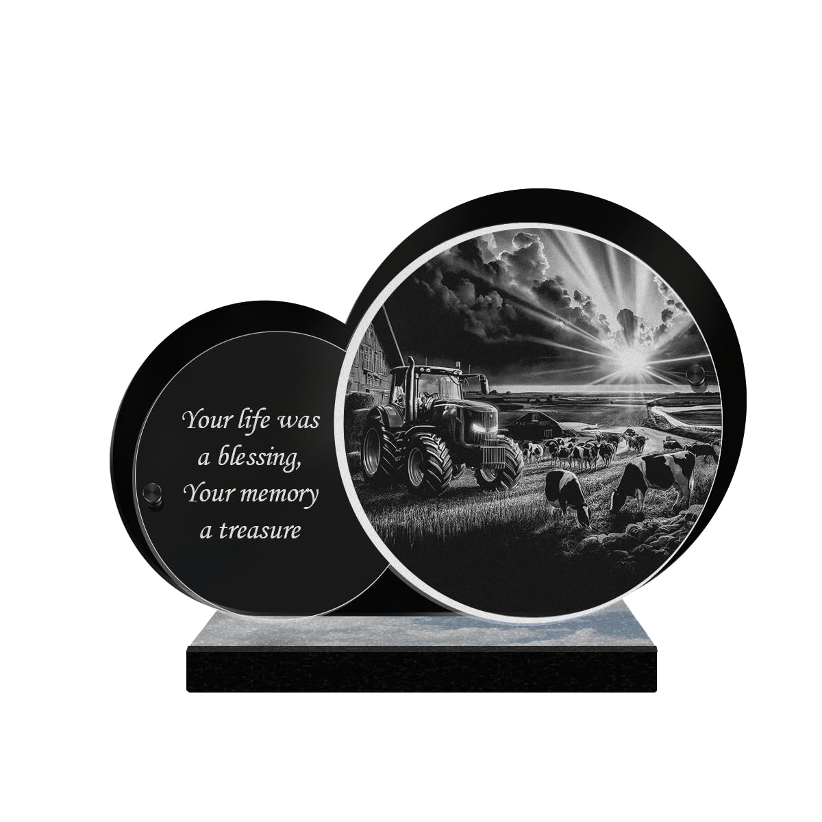 ETERNEL - Personalized Double Circle Memorial Plaque - Farm Tractor, Farmer, Cow - Customizable Text, Laser Engraved Memorial Plaque for Tribute, Cemetery Plaque, Tombstone