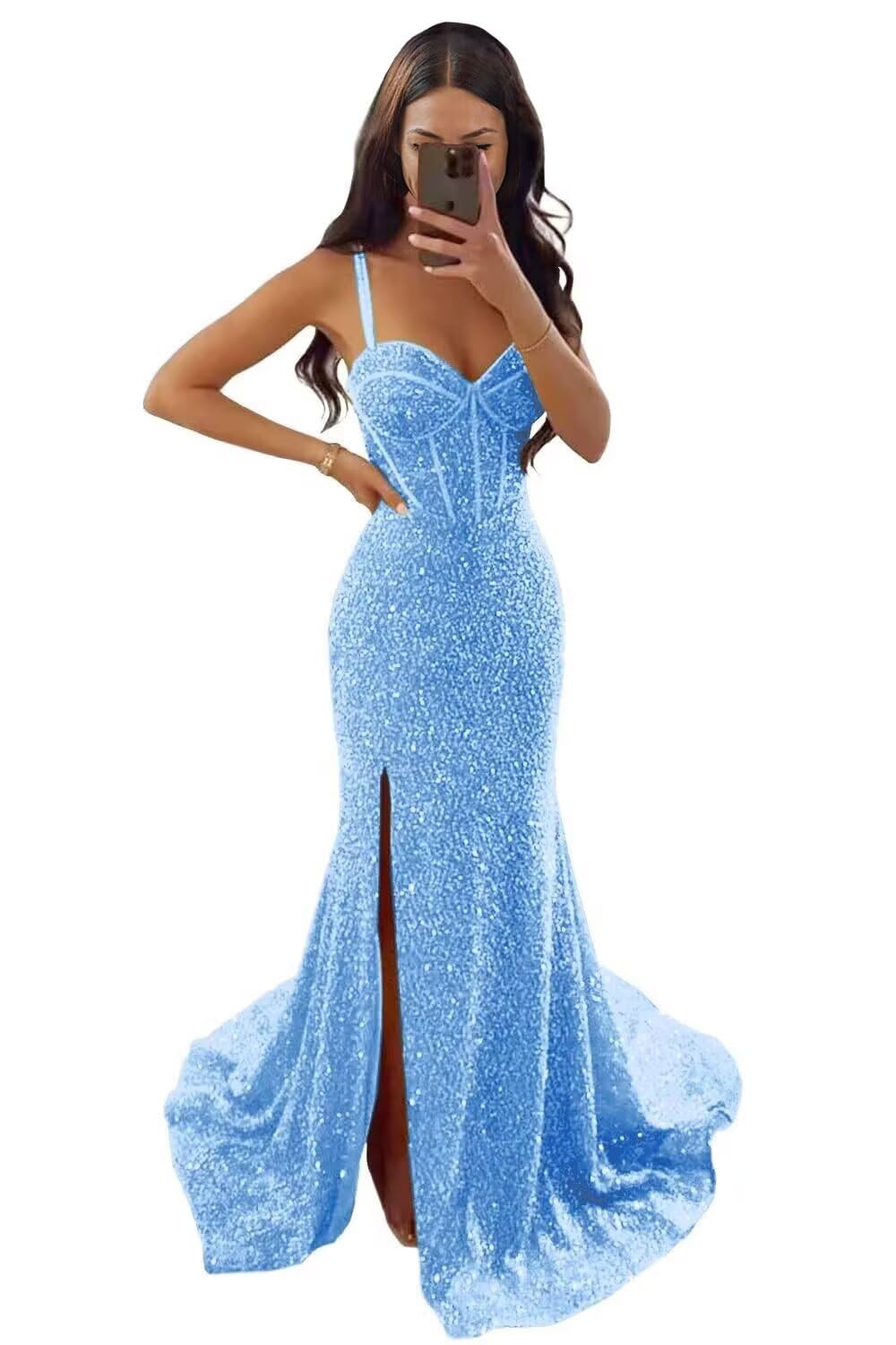 Prom Dresses Long for Women 2026 Mermaid Sparkly Sequin V Neck Spaghetti Straps Formal Evening Party Gowns with Slit