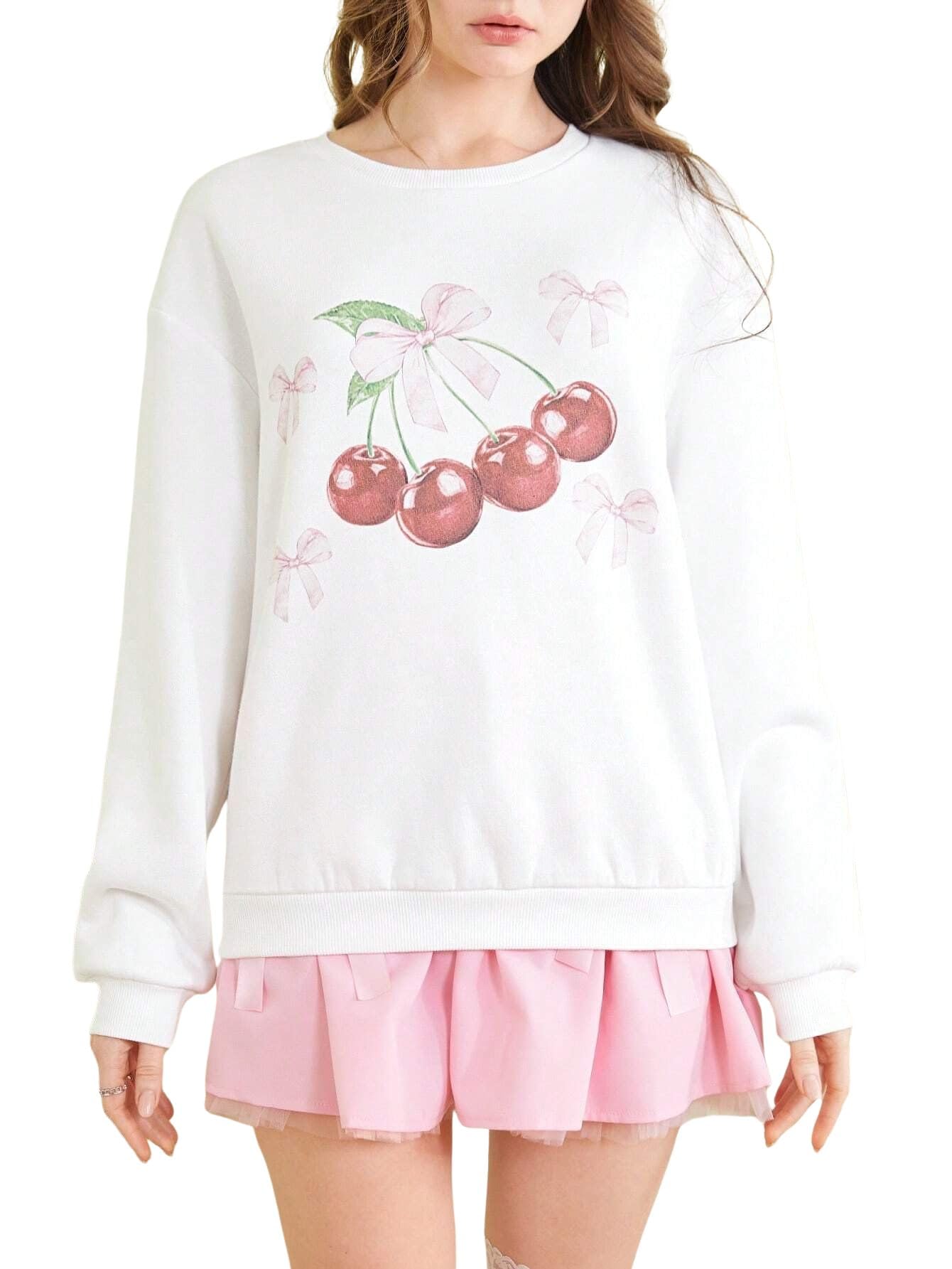 sxv style Women's Cherry Print Sweatshirt, White, Long Sleeve, Bow Detail, Casual Pullover Top-picture-21