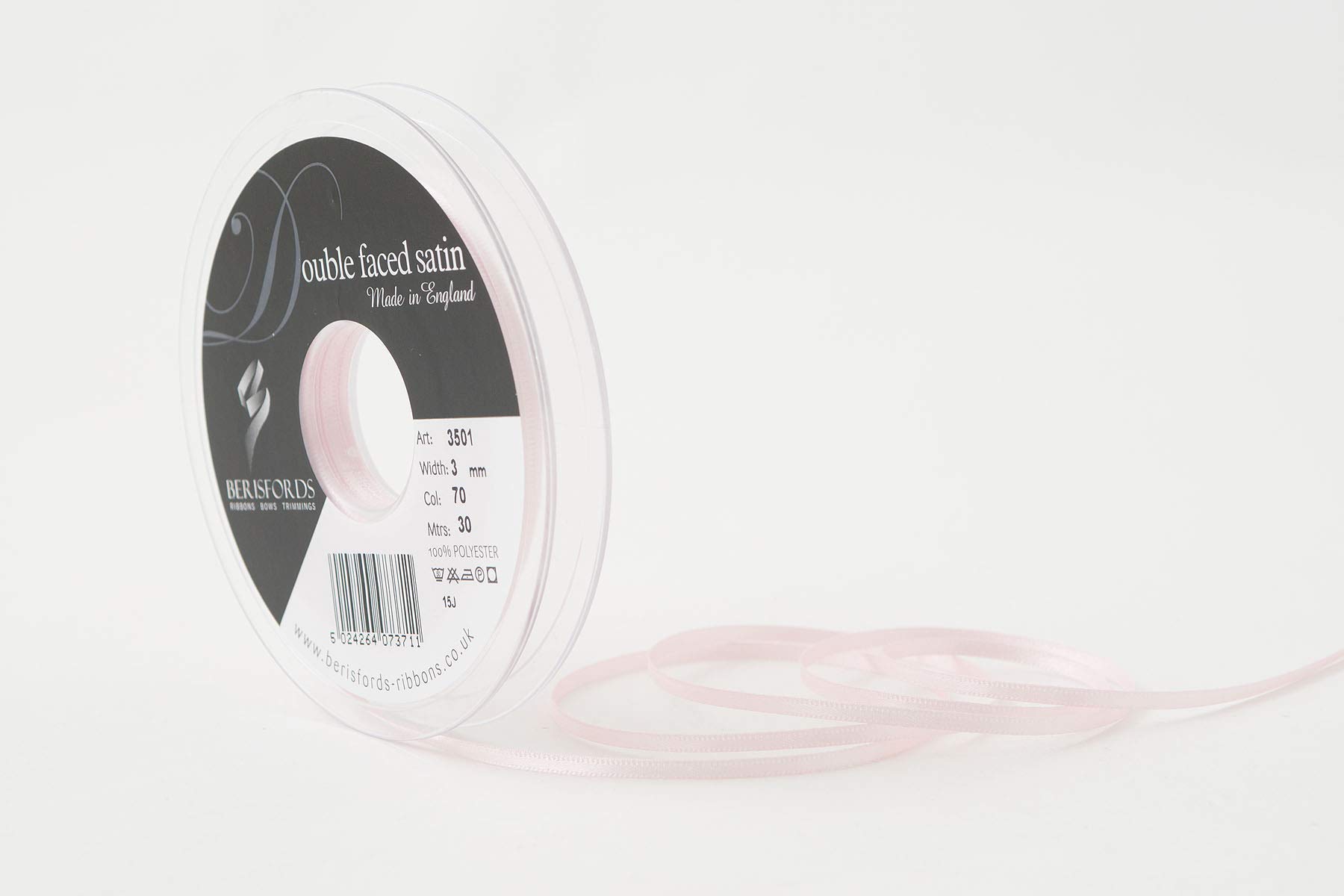 Berisfords Double FACE Poly Satin Ribbon, Pale Pink, 3 mm