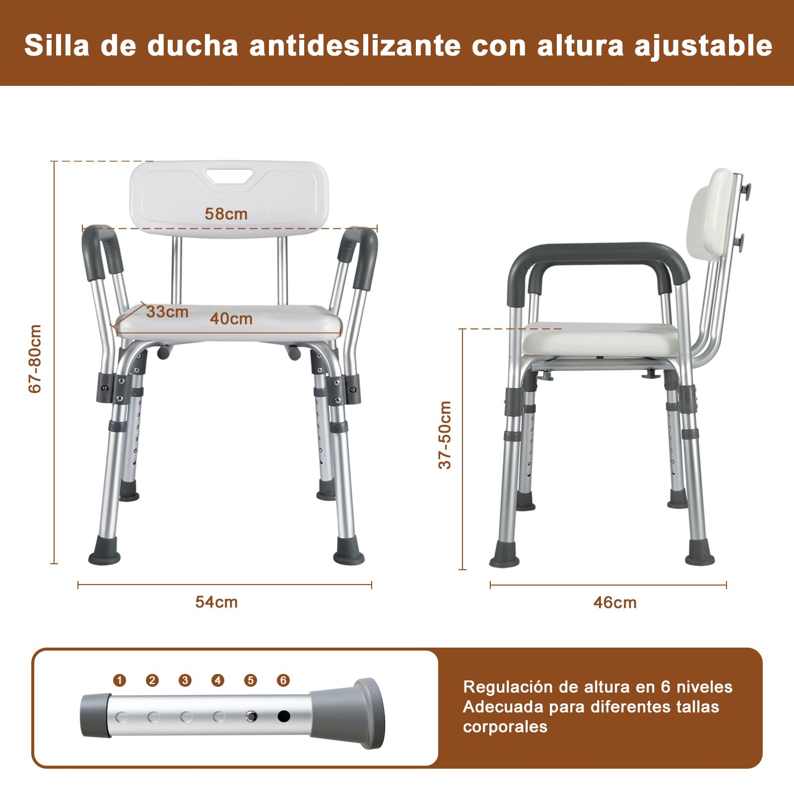 Taburete de Ducha Seguro para Personas Mayores, con reposabrazos Ajustables en Altura, Almohadillas Antideslizantes, Orificios de Drenaje y Estructura Ligera de aleación de Aluminio