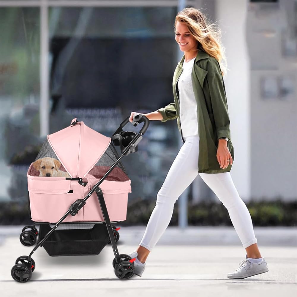 Carrito plegable para mascotas, carrito plegable impermeable para perros y gatos, techo extraíble incluido, portavasos, cesta de almacenamiento, ruedas con freno, 50 x 65 x 99 cm (rosa)