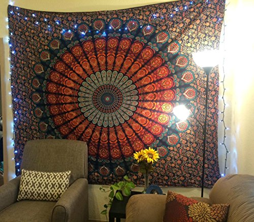 Tapeçaria de mandala de pavão grande mais vendida por Jaipur Handloom – Um hippie perfeito, boêmio,