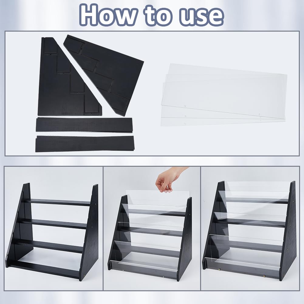 DICOSMETIC Support D'Affichage de Carte de Voeux de 4 Niveaux en Bambou Acrylique Support D'Affichage D'Autocollants Noir Étagère D'Affichage de Cartes Postales pour Comptoir de Maison Ou de Magasin