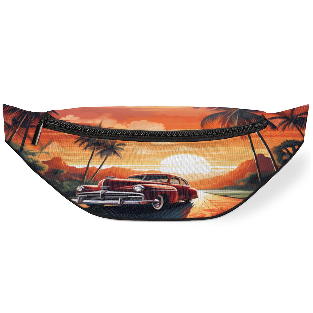 Sunset Coconut Island Tree Car Coconut Fanny Pack for Women Men Waist Pack Crossbody Bag with Adjustable Belt for Travel Hiking Running Cycling Festivals