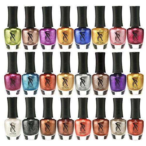SXC Cosmetics Nail Polish Set, 15ml/0.5oz Full Size Nail Lacquer Gift lot (Pink, Metallic, Neon, Pastel, Gold & Glitter) (24 Color Set, 24 Metallic)