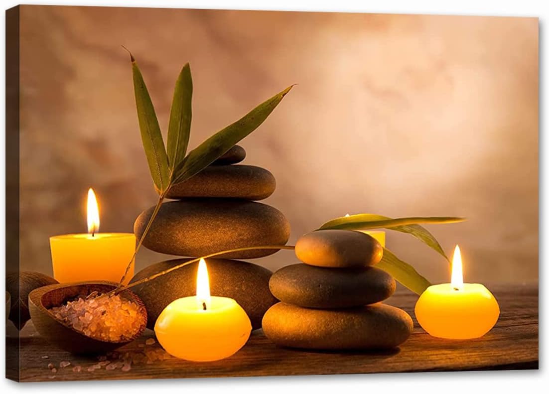 LZIMU Zen Canvas Print Wall Art Candles Floral and Zen Stones Picture Meditation Spa Artwork Still Life Paintings for Home Bathroom Decor Ready to Hang (Zen Wall Art -5, 16.00" x 24.00") Zen Wall Art -5 16.00" x 24.00"