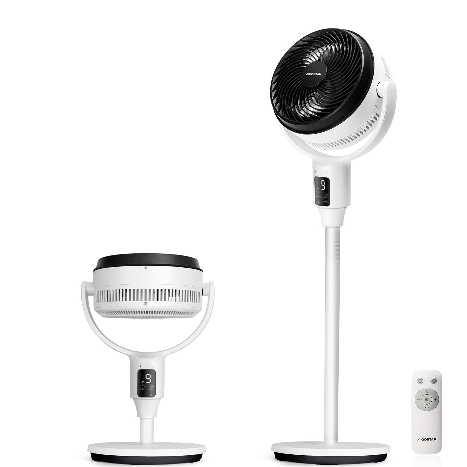 Aigostar Ventilador de Pie Silencioso 23dB con Mando, Motor DC, 24W Circulador Ventiladores Bajo Consumo, Oscilación 135°+85°, 9 Velocidades y Temporizador 9 H, Función de aromaterapia, Blanco Airflow