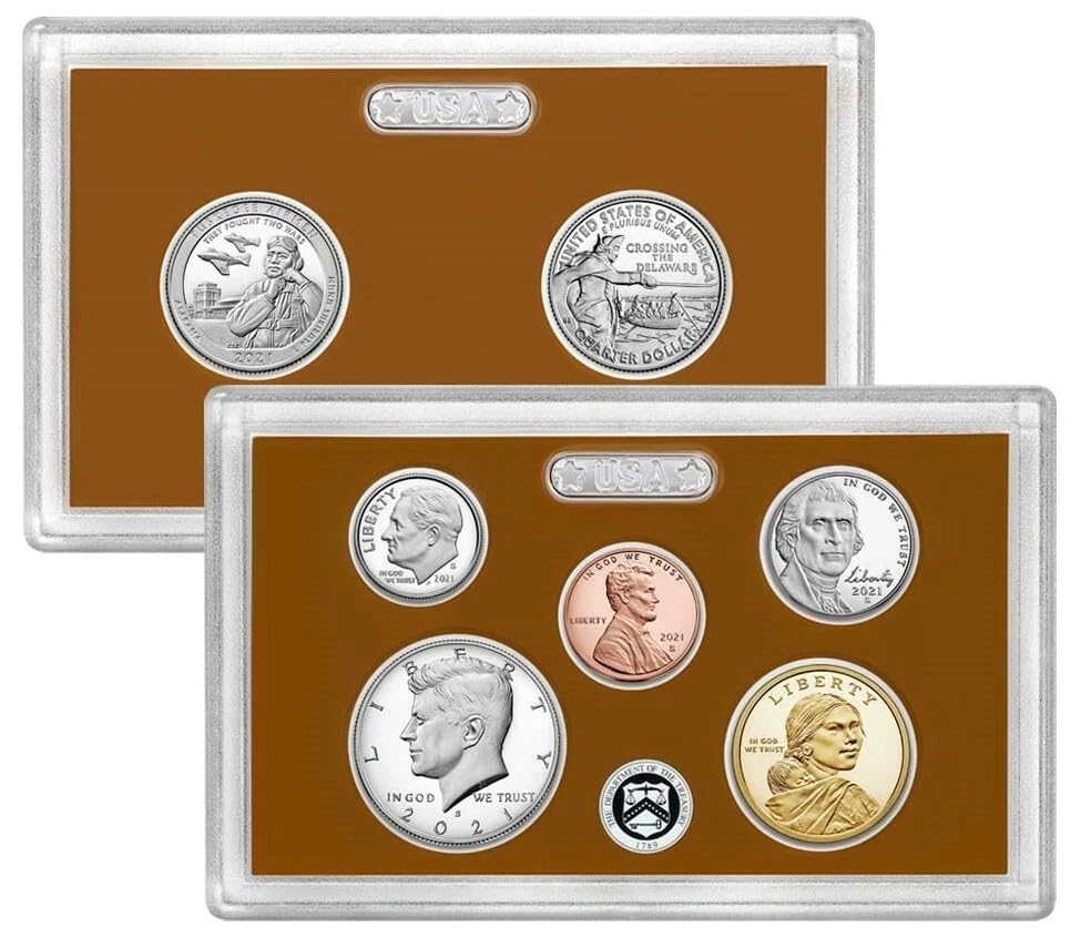 United States Mint 2021 Proof Set with Certificate of Authenticity, 7 Coins in Display Case, Official US Commemorative Collection