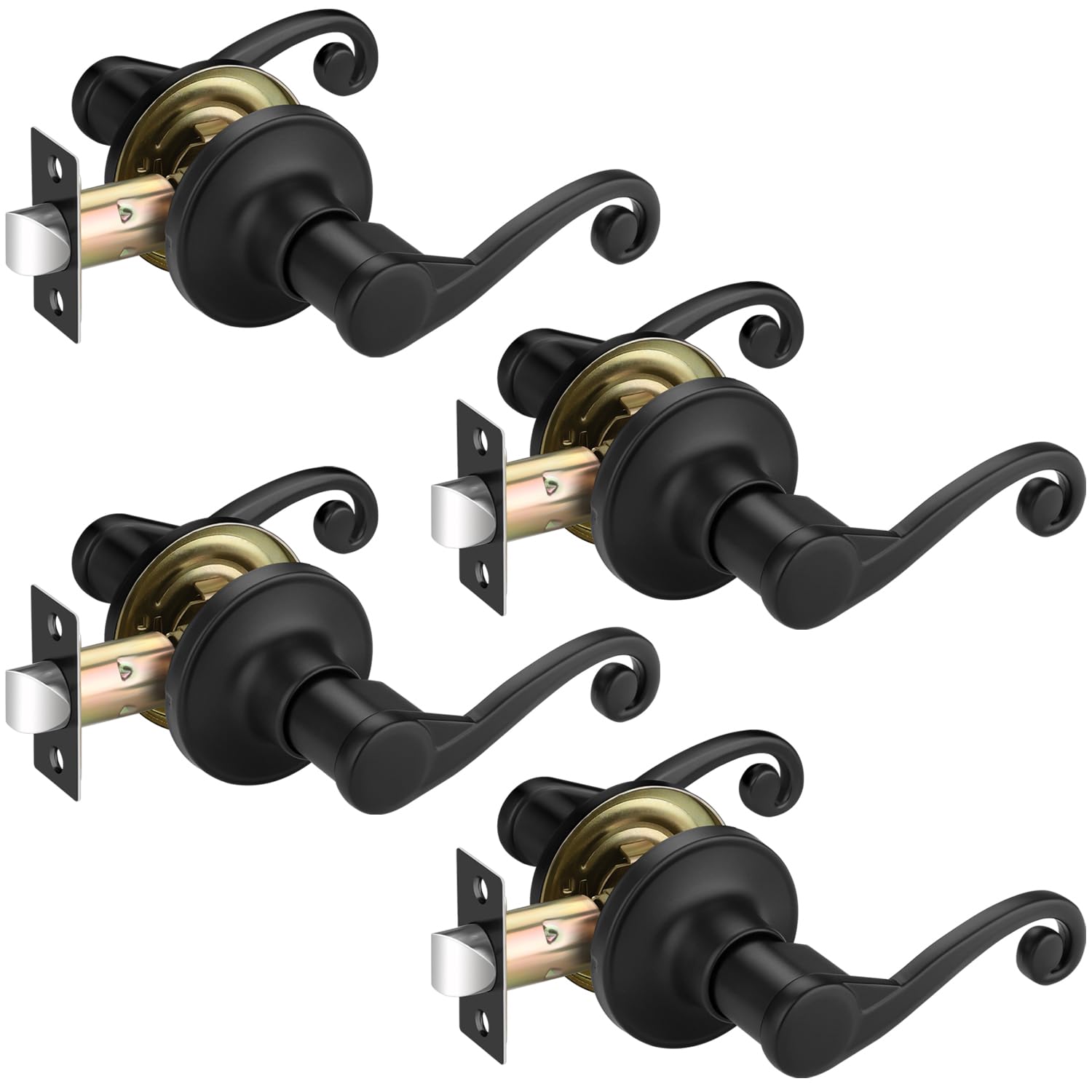 Bonpoly 4 Pack Black Door Handle, Closet Door Knobs No Lock, Interior Door Knobs Without Key, Passage Door Handle for Hallway, Wave Door Lever for Right Sided Doors