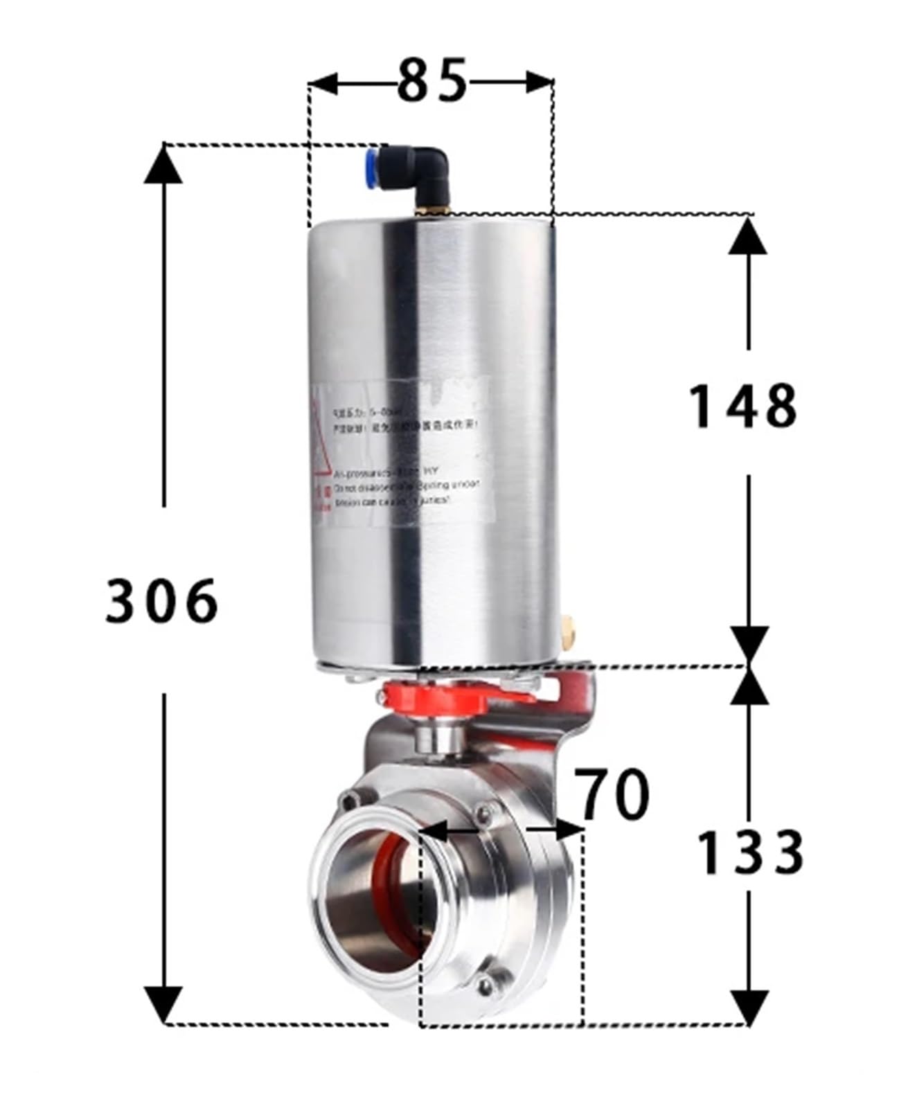 Válvula de Mariposa Sanitaria de Acero Inoxidable 304 316L con actuador neumático for elaboración casera de Cerveza, de 19 a 108 mm, con Abrazadera Triple de 1,5", 2" y 4"(57mmK77.5)