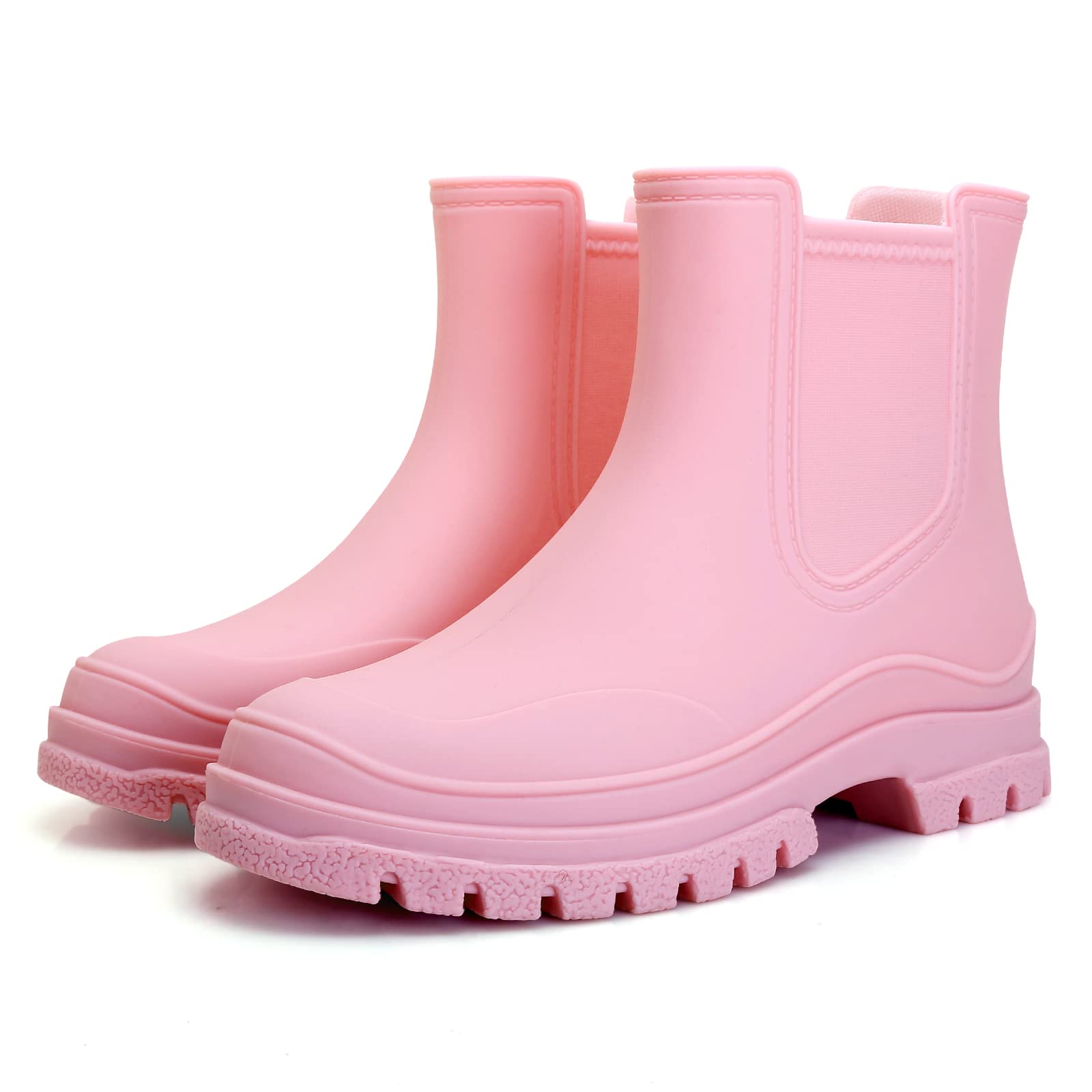 HsttgsrWomen's Rain Boots, Comfortable Elastic Adult Ankle Booties, Fashion Mid Heel Chelsea Boots, Waterproof Non-Slip Chunky Platform Lug Sole Short Garden Boots