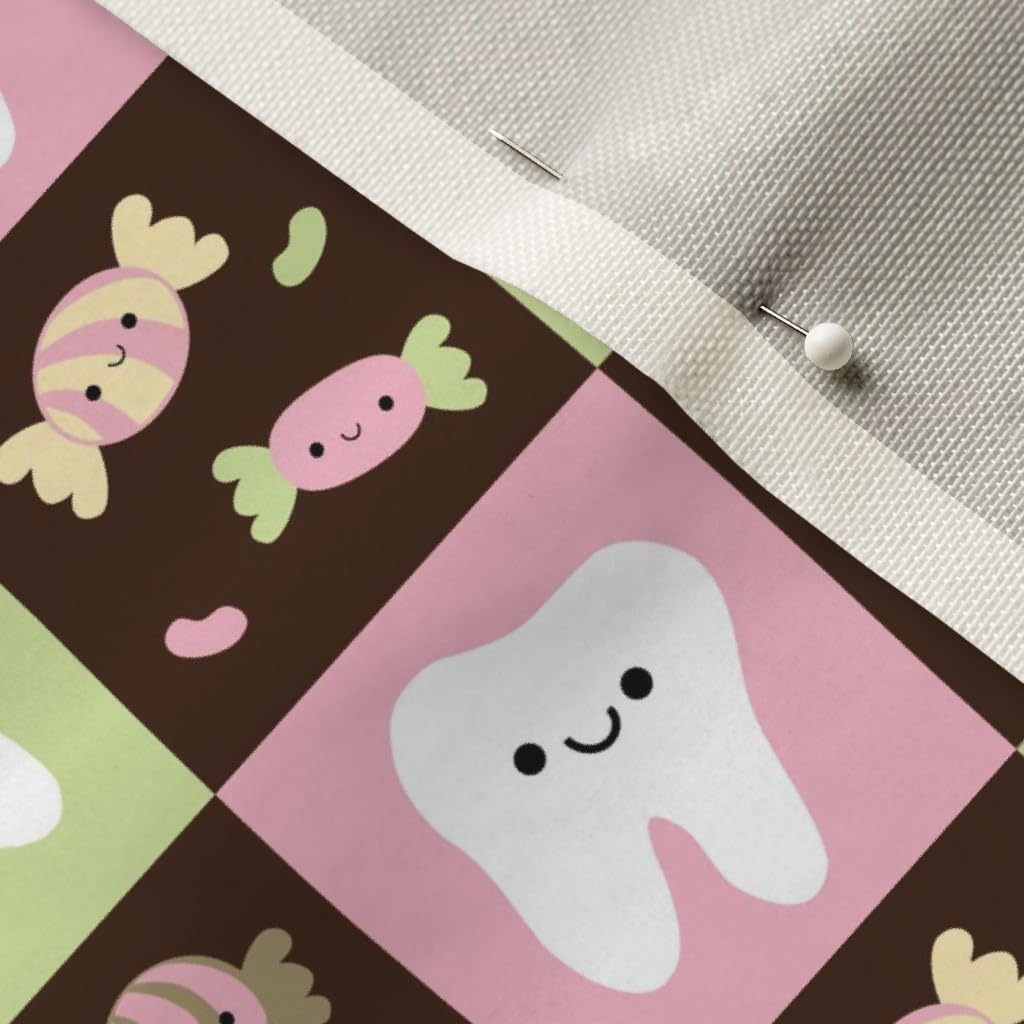 Spoonflower Fabric - Happy Teeth Checkerboard Brown Pink Light Green Tooth Fairy Dental Printed on Upholstery Velvet Fabric Fat Quarter - Upholstery Home Decor Bottomweight Apparel