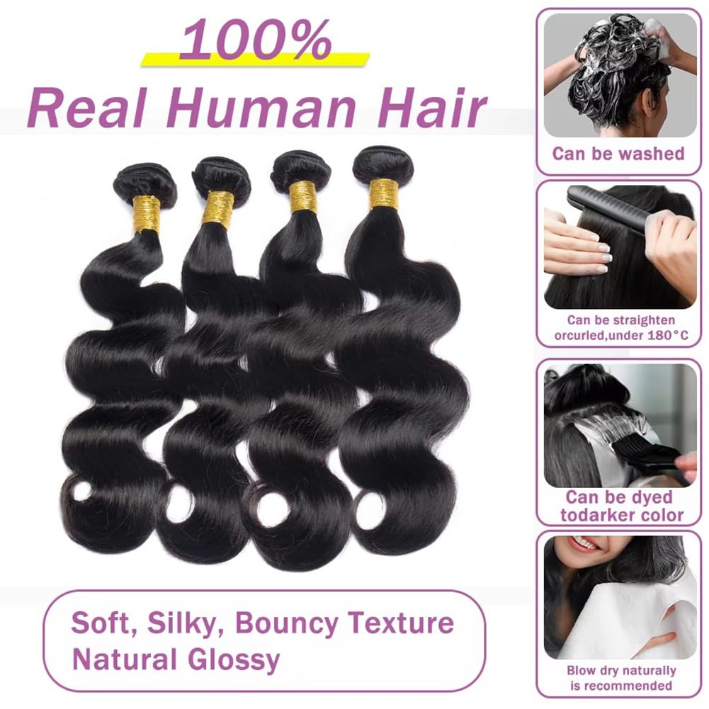 Human Hair Bundles Brazilian 12A 100% Virgin Hair Body Wave 4 Bundles Human Hair 20 22 24 26 Inch Double Weft Quick Weave Hair Natural Black Color for Women