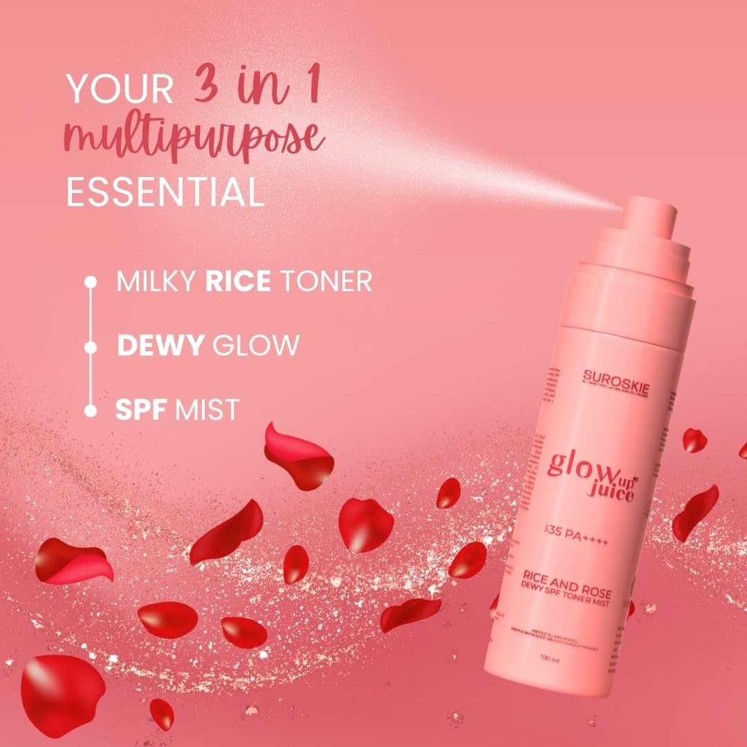 Suroskie Glow Up Juice SPF 35 PA++++ 100ml | Rose & Rice Toner Korean Skincare for Glass Skin | UV Rays Protection | Brightens & Smoothens | Dewy Mist for All Skin Types | Dermatologically Tested - Image 2 thumbnail