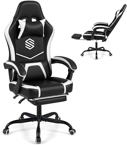 Giantex Silla para videojuegos, silla de escritorio de computadora de altura ajustable con reposacabezas, soporte lumbar, reposabrazos de