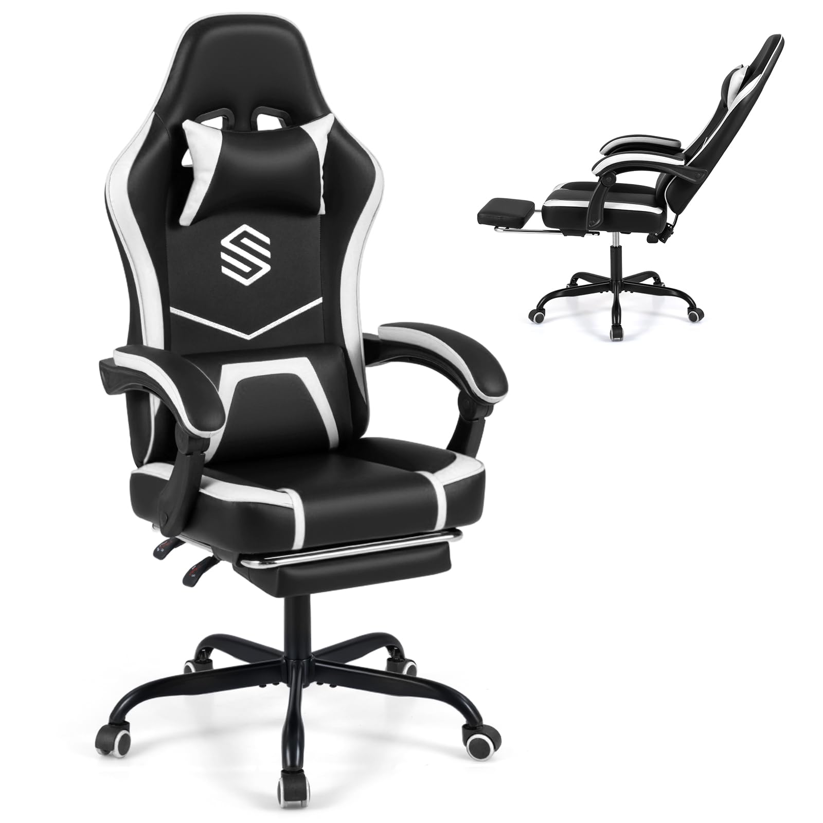 Giantex Gaming Chair, Height Adjustable Computer Desk Chair with Headrest, Lumbar Support, Linkage Armrests, Reclining Backrest &amp; Footrest, Ergonomic Office Chair, Video Game Chair (Black)