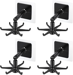 OTraki 360 Degrees Waterproof Rotating Utensil Holder with 6 Hooks, 4 Pack | Self-Adhesive Hook Kitchen Hanger, Black Folding ABS Material Tableware Hooks for Kitchen Bathroom Cabinet