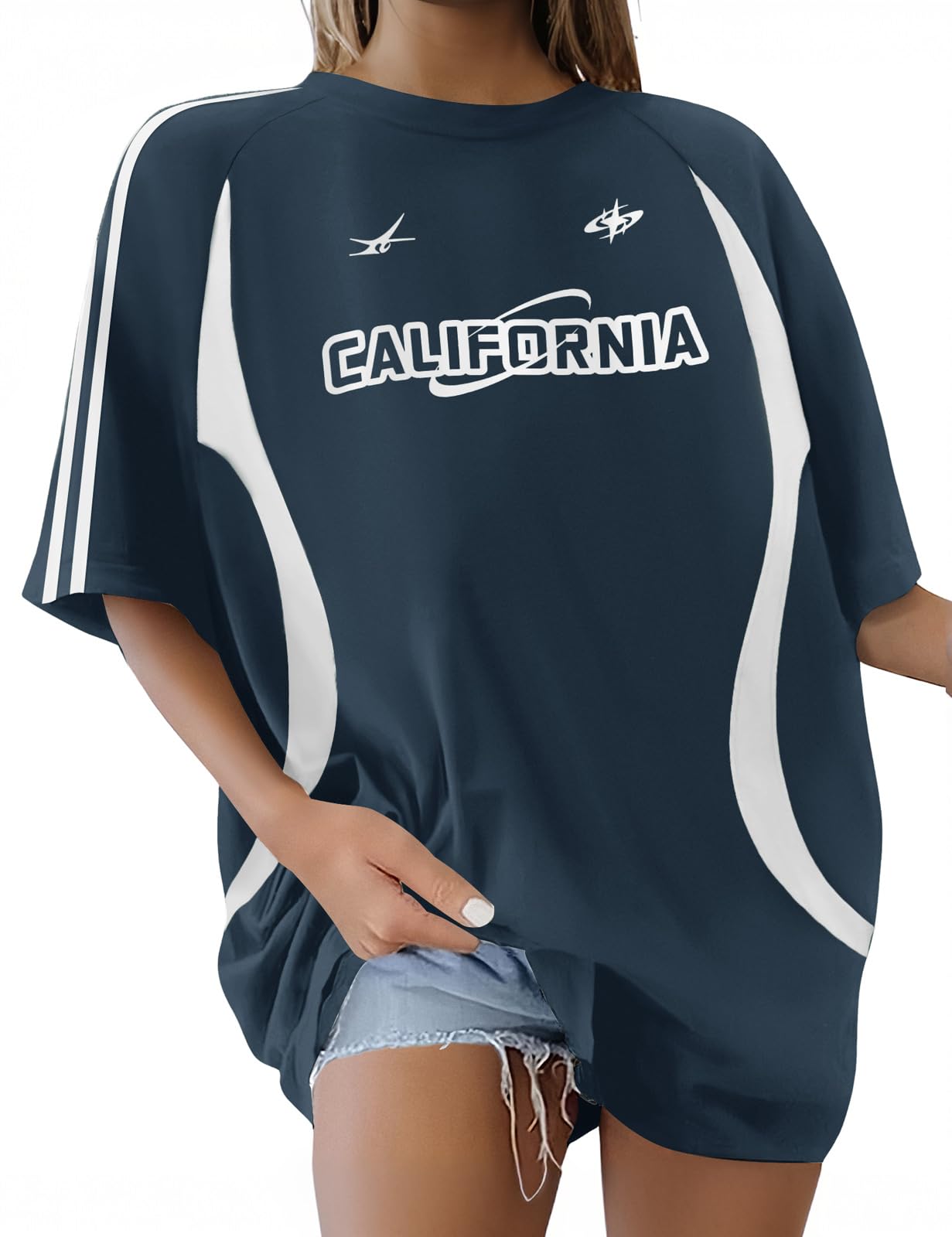 Xnova Oversized Tshirt Damen Gedruckt Kurzarm, Vintage Y2K Tops Rundhals mit Stripes, Sommer Oberteile Casual Streetwear Lose Basic Tee Shirts für Teenager Mädchen