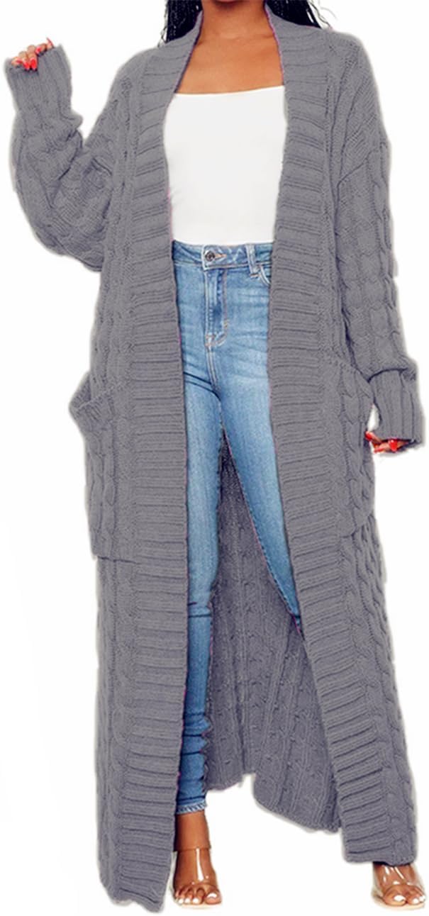 LIVECLOTH Womens Stylish Cable Knit Dual Chunky Cardigan with Pockets