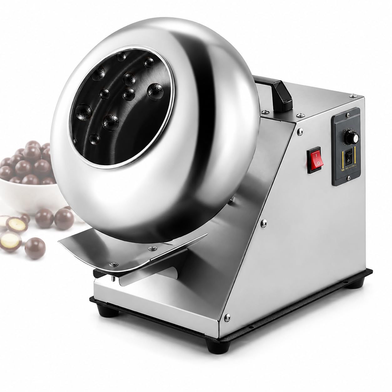 AMQYDT Commercial Sugar Coating Machine, Chocolate Panning Machine with 5-90 RPM Adjustable Speed, 1-4kg/h Output, Stainless Steel Coating Pan and Handle for Candy Nut Peanut Tablet Polishing