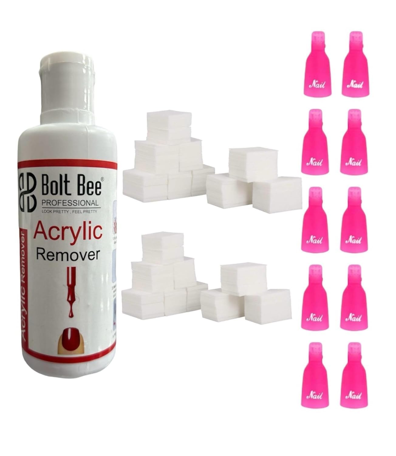 Bolt Bee Acrylic Remover Kit - 100ML, 1000pc Lint-Free Wipes, 10Pcs Plastic Nail Art Soak Off Cap Clip UV Gel Polish Remover Wrap Tool