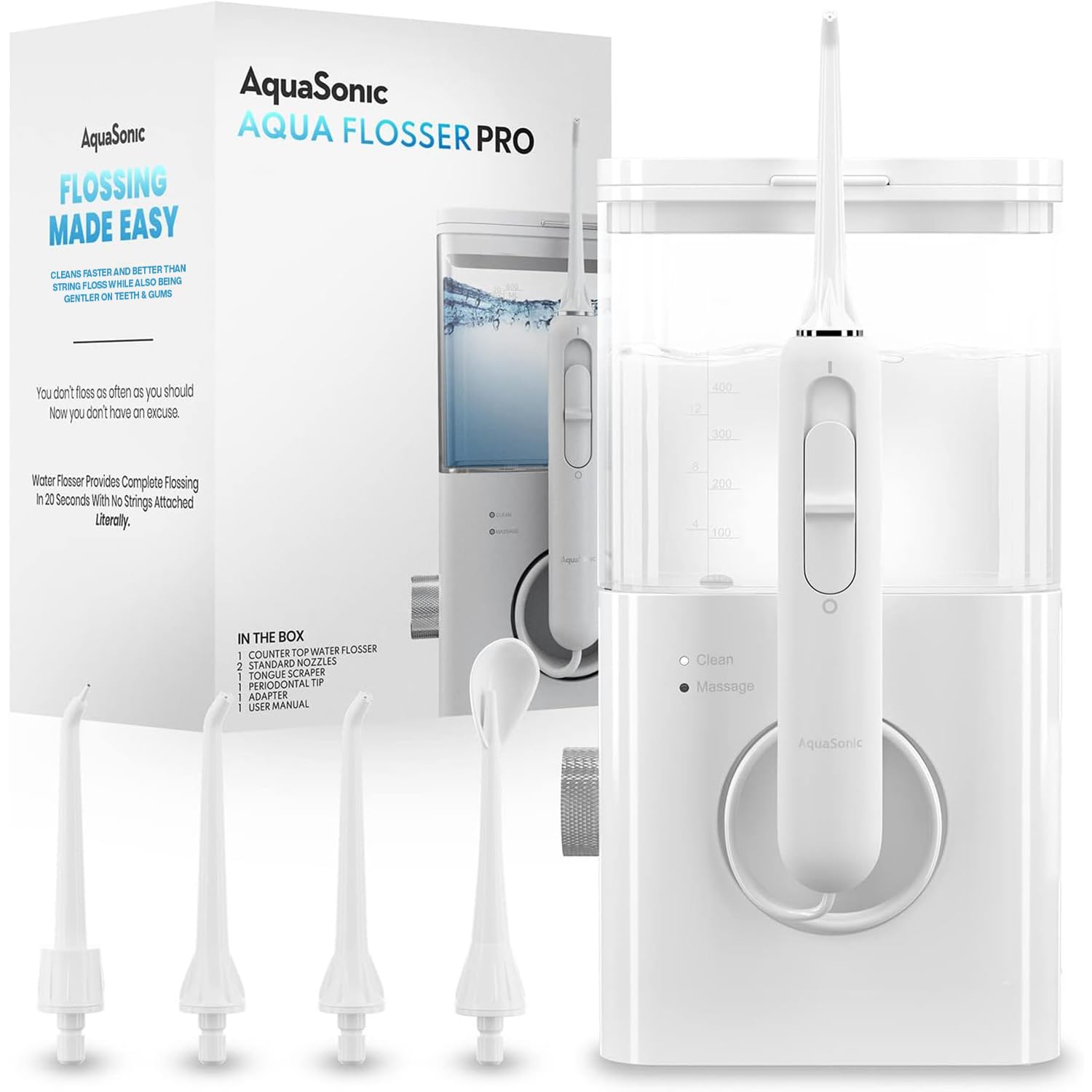 AquasonicAqua Flosser PRO | Professional Water Flosser with Large Capacity Reservoir | Oral Irrigator w/ 2 Modes, 10 Levels of Water Pressure, 4 Included Tips | Sleek & Compact | Dentist Recommended