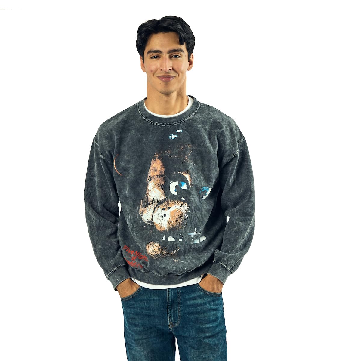 Bioworld Five Nights At Freddy’s Distressed Freddy Face In Shadows AdultUNisex Mineral Washed Crew Neck LongSleeve Sweatshirt