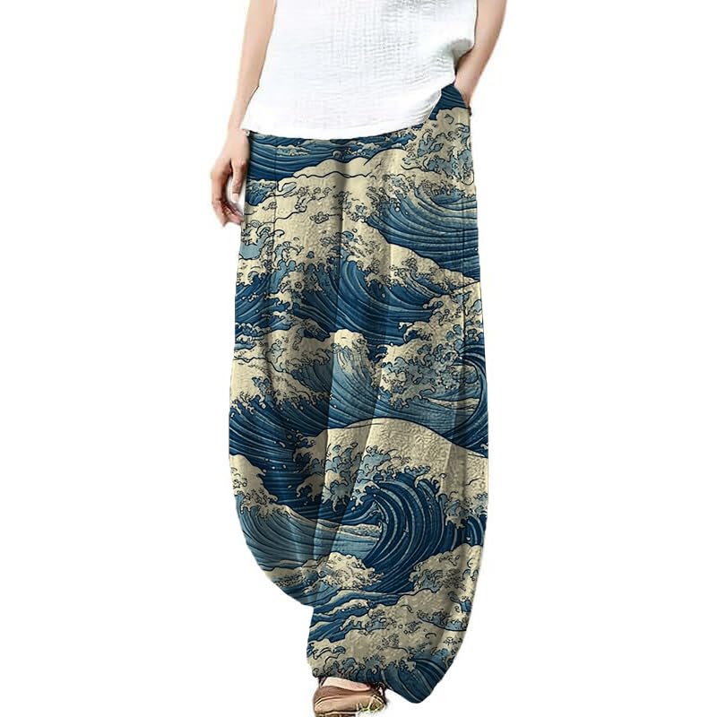 Bengbobar Boho Pants for Women Summer Plus Size Pants Japanese Art Print Casual Pants Elastic Waist Lantern Trouser