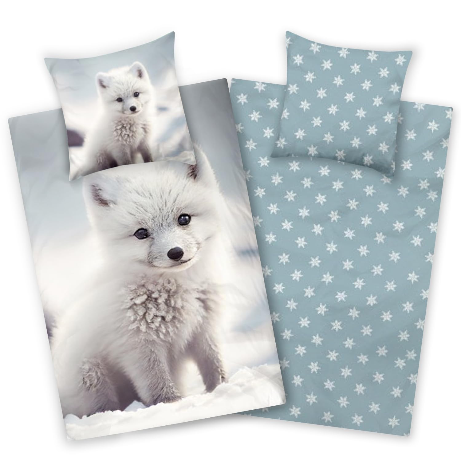 Aminata kids - Biber Bettwäsche 135x200 Tier-Motiv blau, 100% Baumwolle