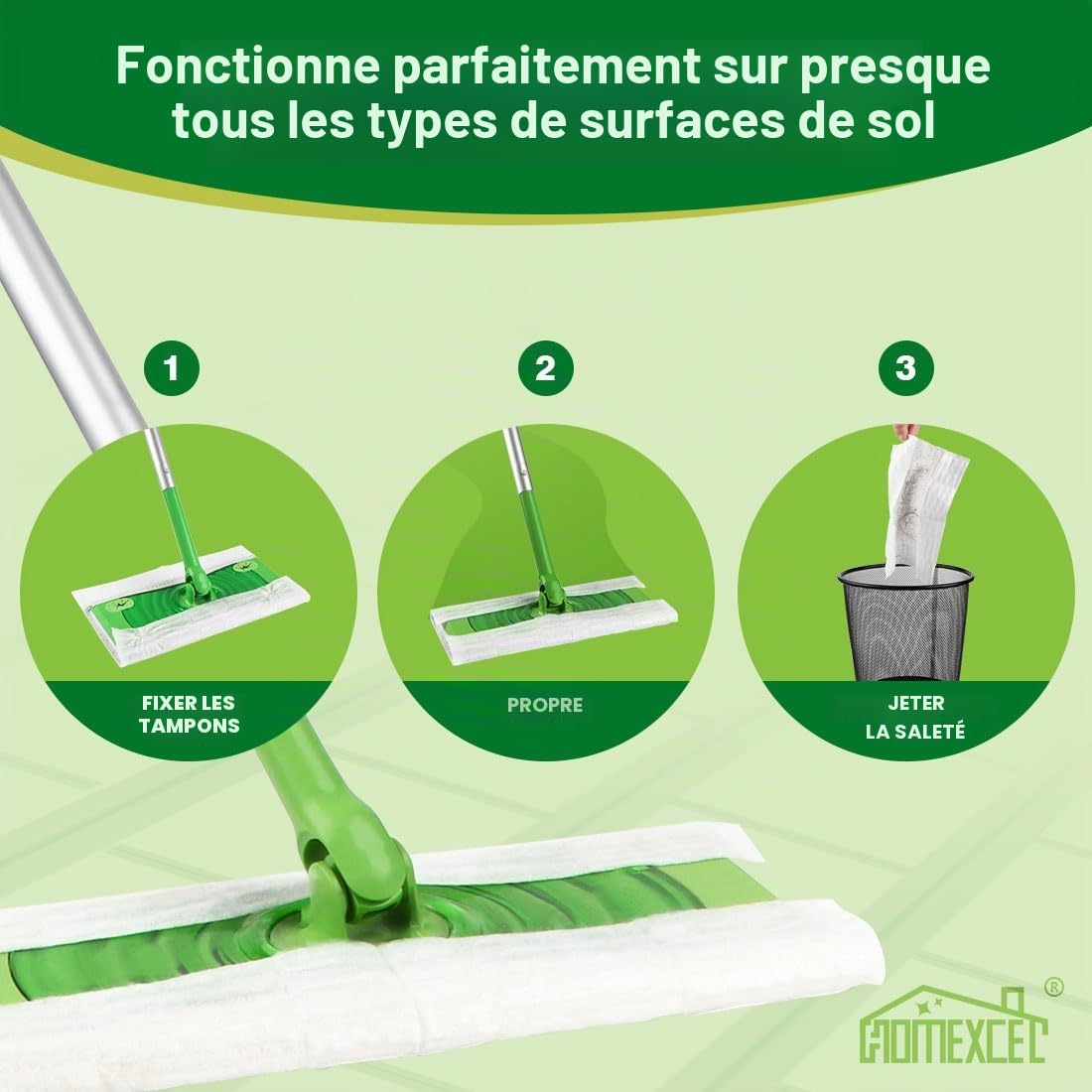 HOMEXCEL Chiffons de balayage secs compatibles avec Swiffer Sweeper, recharges de plumeau jetables pour le nettoyage du sol, 64 recharges de 20,3 x 26,4 cm - Balai non inclus