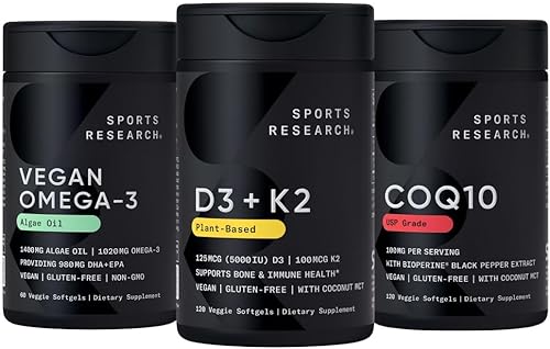 Sports Research Paquete de suplementos veganos  Aceite de pescado vegano omega-3 alternativo de aceite de algas + vitamina D3 + K2 + CoQ10