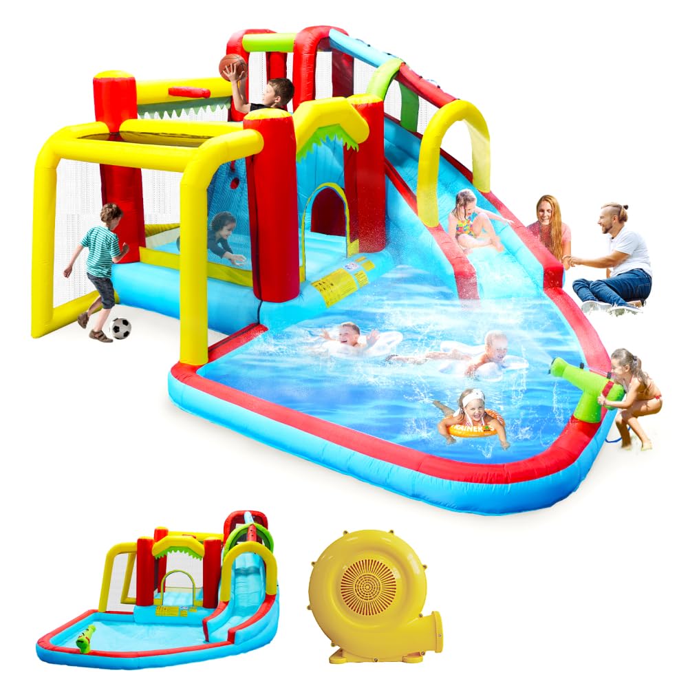 7-in-1 Inflatable Water Park with Slide, Splash Pool & Climbing Wall – Kids Outdoor Bounce House with Basketball, Water Gun, Backyard Play Center