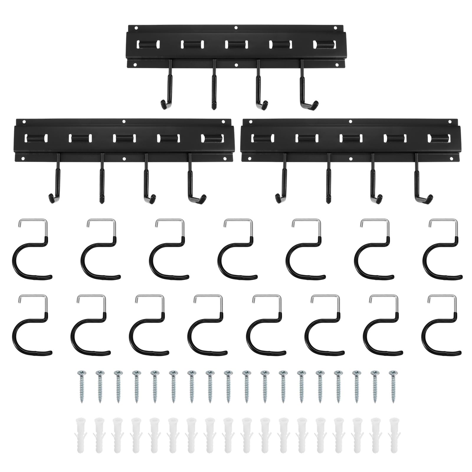 QUARKZMAN Portaherramientas de Jardín Kit, Soporte Metálico de Pared Empalmable con Ganchos Negro para Herramientas Colgador para Escobas Fregonas Sótano Garaje, 123cm Largo Total