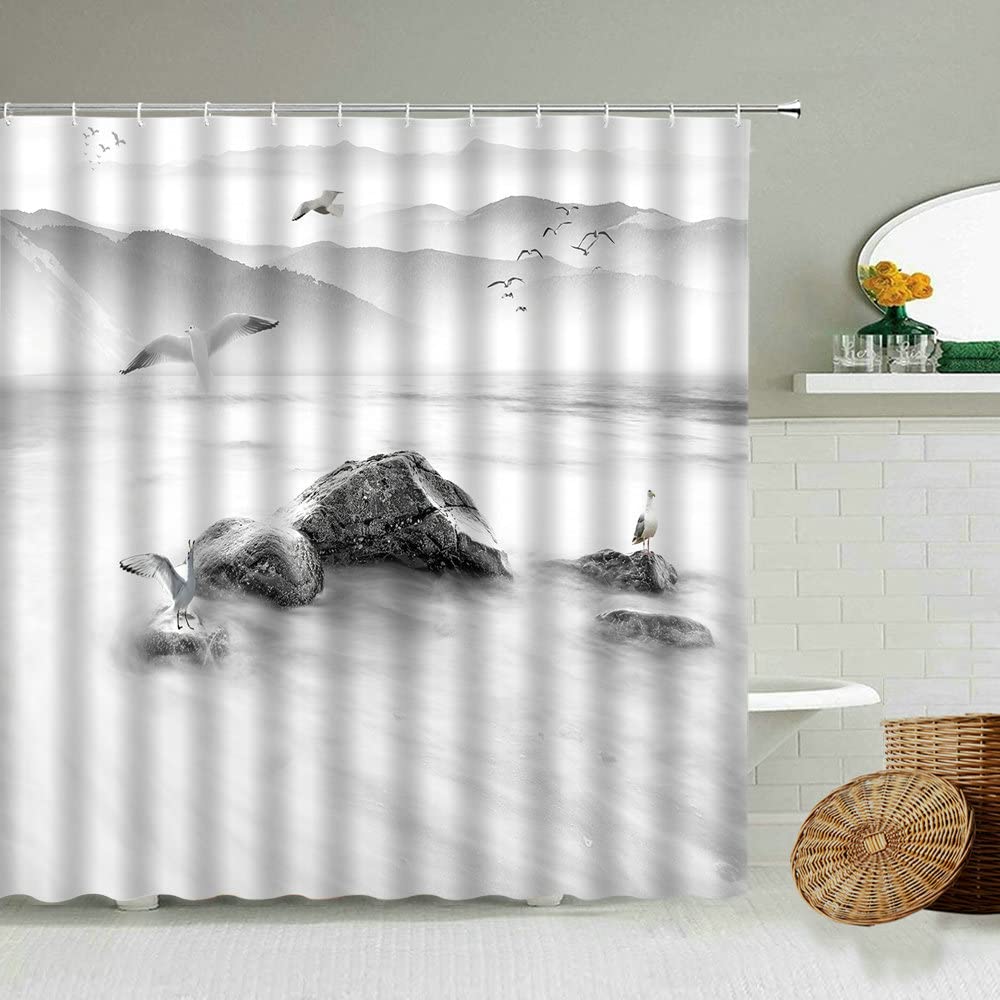NUEV Chinese style landscape painting shower curtain ink art bathroom wall decoration with hook waterproof fabric screen S.7 150x200cm