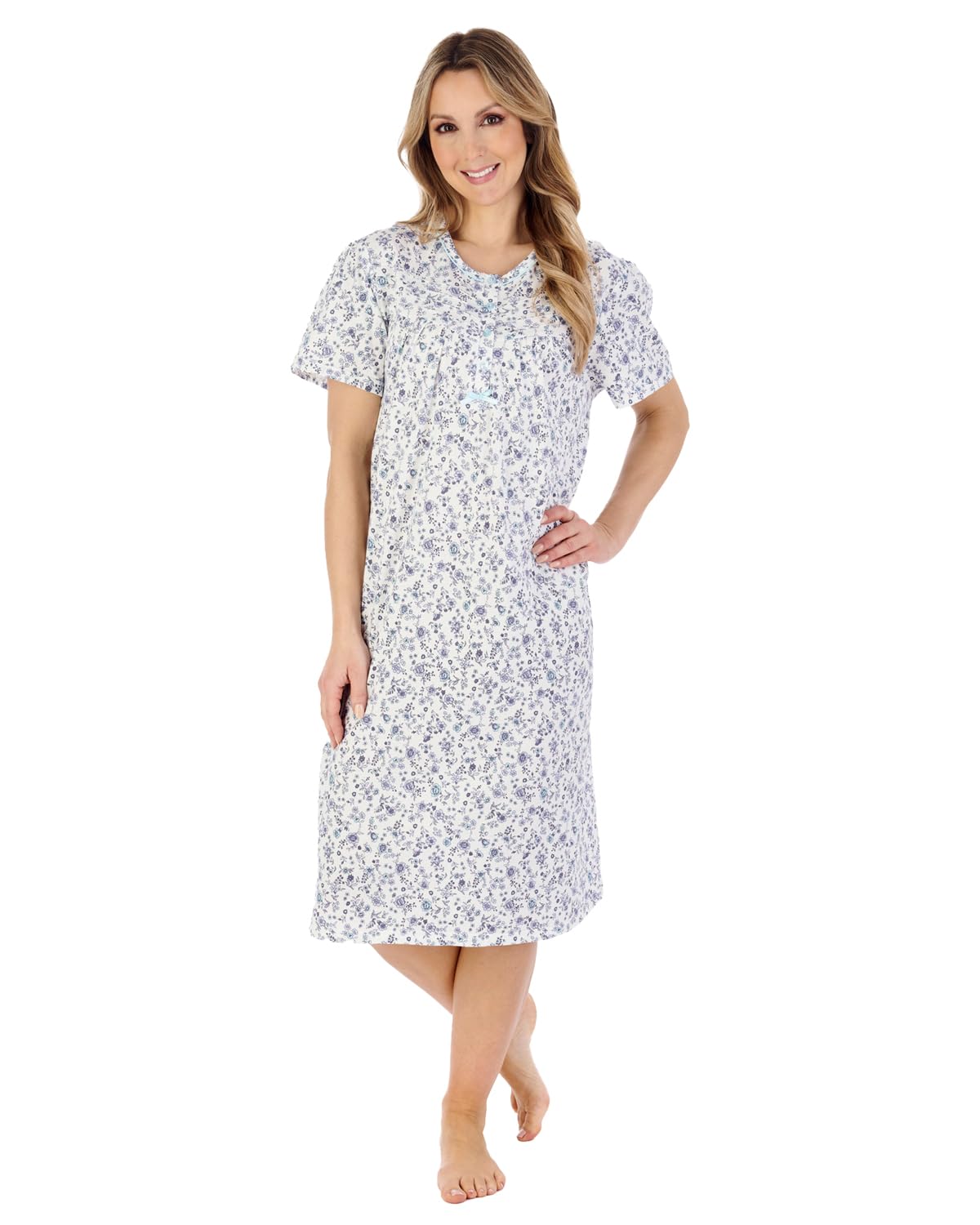 Slenderella Ladies Ditsy Floral Jersey Cotton Nightdress Short Sleeve Nightie UK 24/26 (Grey)