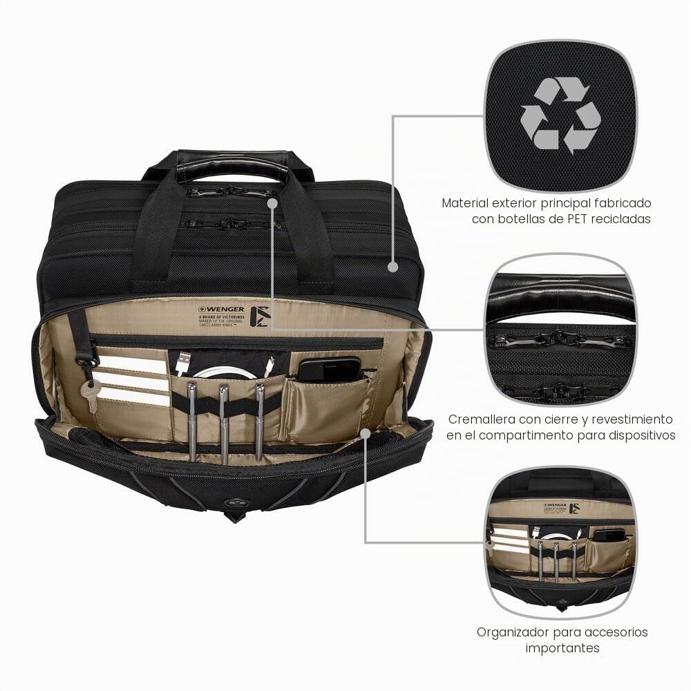 Wenger Legacy Black Series Maletín para portátil con correa, notebook de hasta 16", compartimento para tableta, maletín, 15 l, oficina, negocios, universidad, negro, 653630